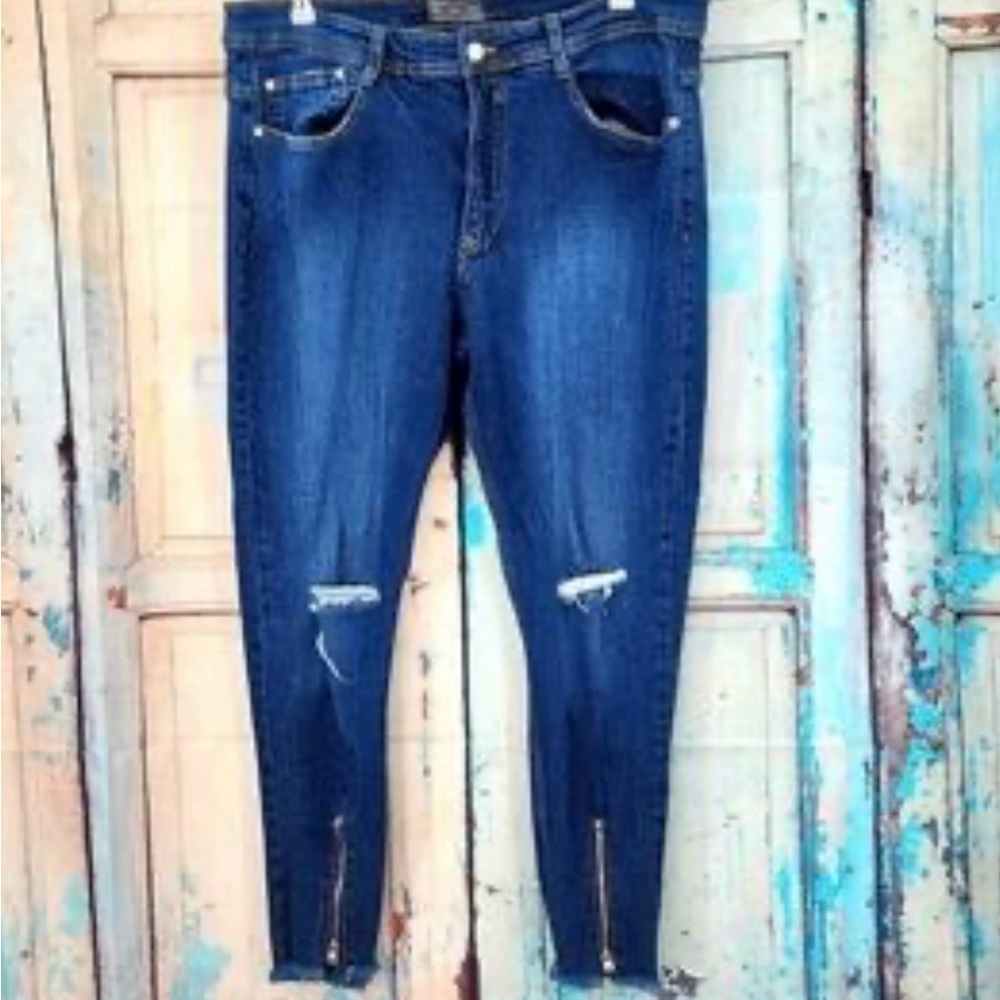 Zara Navy Skinny Jeans with Ripped Accents